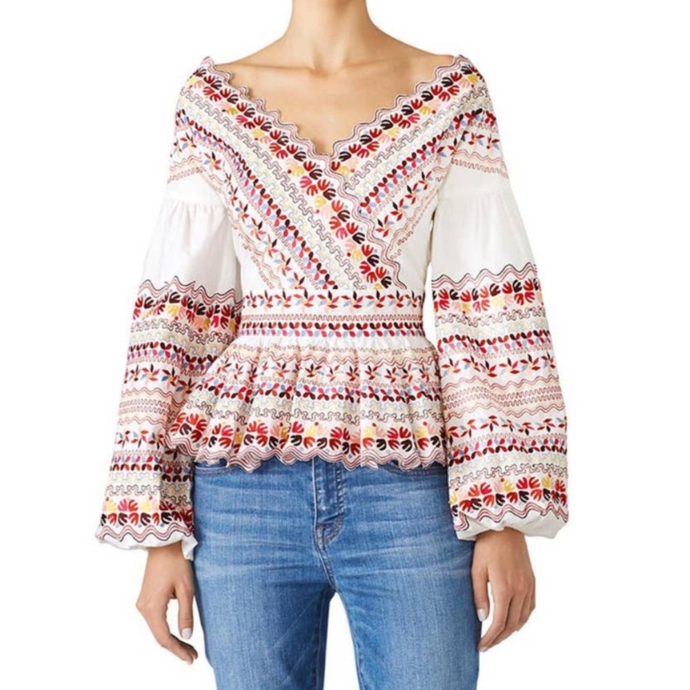 AMUR🪇Boho Peasant Embroidered Festival Long Balloon Sleeve Wrap Peplum Blouse